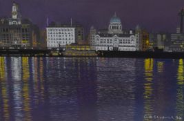 Chris Chadwick (20th Century), pastel, 'Liverpool Skyline', a colourful night time scene, signed and