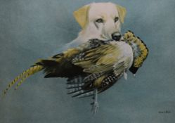 After Rex Flood (1928-2009, British), coloured print, Title unknown, A gundog with game bird, signed