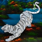 20th Century Continental School, mixed media, A prowling white tiger before an Asian style