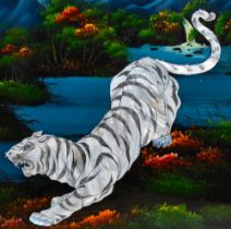 20th Century Continental School, mixed media, A prowling white tiger before an Asian style