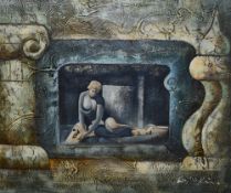 Artist Unknown (20th Century/Contemporary), mixed media on canvas, A classical statue within