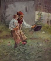 After Luigi Bechi (1830-1919), gouache, 'Grandpa's Love', a genre painting depicting a peasant and