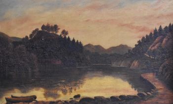 19th Century British School, oil on canvas, Two traditional landscapes depicting a lake with