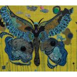 Artist Unknown (20th Century), mixed media, Four embroidered butterfly arrangements, three framed