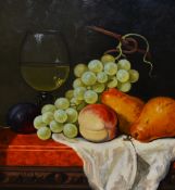 20th Century School, oil on board, An attractive still life arrangement depicting grapes, pears