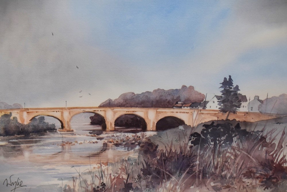 Clive Wylie (20th Century, British), watercolour, The picturesque stone arched bridge at