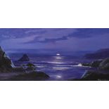 John Michael (20th Century), oil on board, A moonlit coastal landscape with rocks to the foreground,