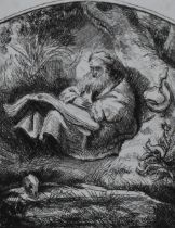 After Rembrandt van Rijn (1606-1669, Dutch), drypoint etching, 'Ermite', St Jerome Reading, signed