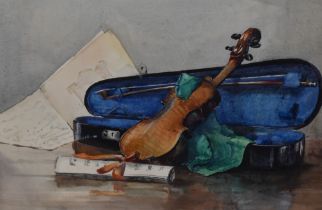 20th Century, watercolour, Two still life arrangements depicting a violin and a bowl of fruit,