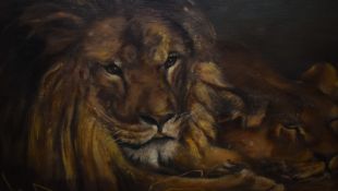 E.Priestley (19th/20th Century), oil on canvas, A lion and lioness, signed to the lower right and