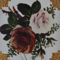 19th Century, paintings on tile, A pair of Victorian tile paintings of flowers, with gilt metal