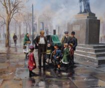 John Seerey-Lester (1945-2020, American), oil on canvas, A street merchant and children, signed