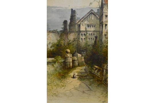 William Yale (19th Century, British), tile painting, A view of a path leading towards a grand - Image 1 of 4