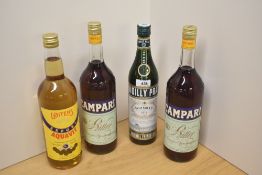 Four bottles of Alcohol, Loitens Aquavit 3 star, 40% vol, 100cl, Campari 28.5%, 1 Litre x2 both