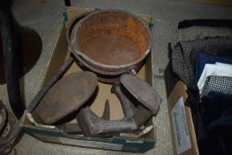 Two cobblers shoe lasts, a cast iron gluepot with handle and spoon