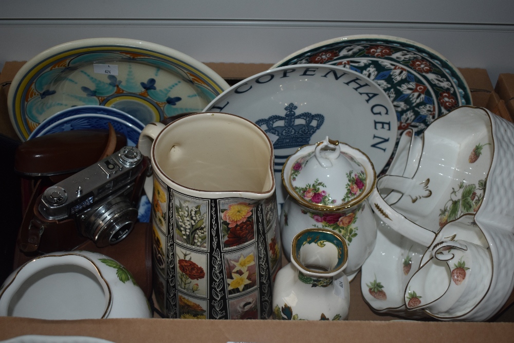 A Royal Copenhagen display plate, a Coalport 'Strawberry' scalloped basket tray with jug and sugar