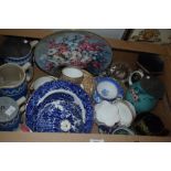 Two Copeland Spode 'Dancing Hour' jugs and a similar lidded jug AF, a blue and white cheese dish/