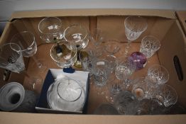 A mixed lot of glass, including mottled blue vase, lilac Caithness paper weight, cut glass tumblers,