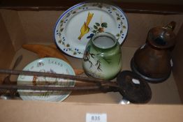 A 19th century iron waffle maker, a copper jug, a George and Mary Coronationware plate and a small