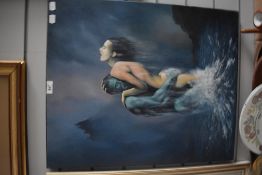 20th Century School oil on canvas a fantasy themed painting depicting a sea figure with a female