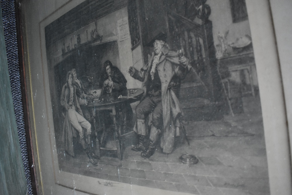 Five antique prints, of traditional styles, including gents gathered round table of manor house. - Image 5 of 5