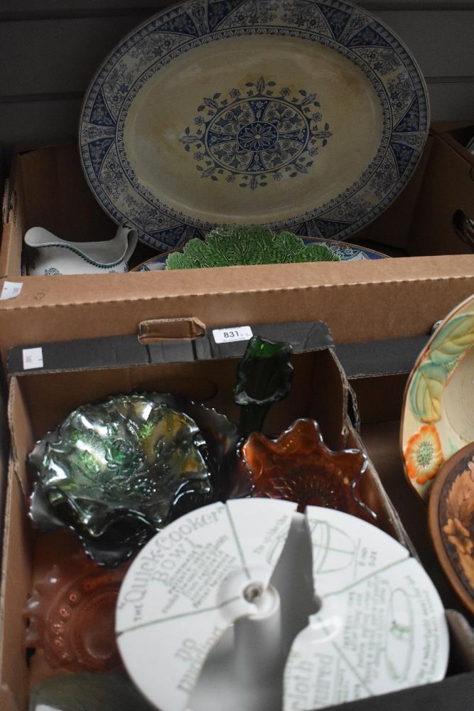 Two cartons of assorted items including five blue and white met plates, two gravy boats a cabbage