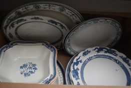 A selection of assorted blue and white serving plates, dishes and platters.