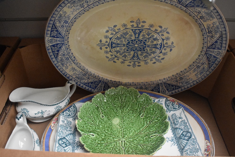 Two cartons of assorted items including five blue and white met plates, two gravy boats a cabbage - Image 2 of 3