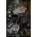 An assortment of plated and pewter items including sauce jugs, sugar bowls and milk jugs and a