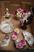 Four Thorley Bone China rose posy items including baskets, log and hand, a Royal Crown Derby '