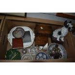 A mixed lot of items, including wooden boxes, vintage terrier study, plates and glassware.