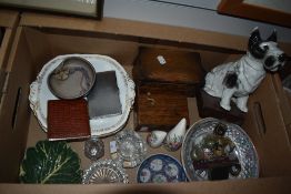 A mixed lot of items, including wooden boxes, vintage terrier study, plates and glassware.