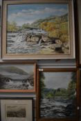 M.Huddleston (20th Century), oil on board, 'River Leven', a waterfall, label verso, measuring 23cm x