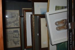 A collection of assorted pictures and prints alongside and mounted pair of miniature Morroccan