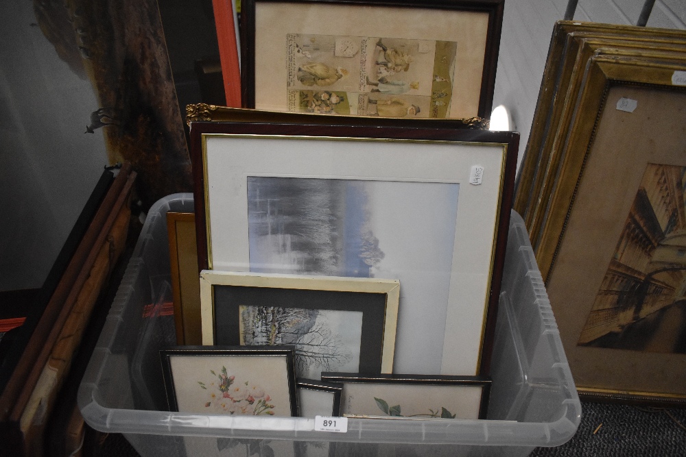A mixed lot of framed and glazed prints, including vintage Widdicombe fair.