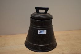 An early 20th century Huntley and Palmer biscuit tin in the form of a bell 'When ye doe ringe I