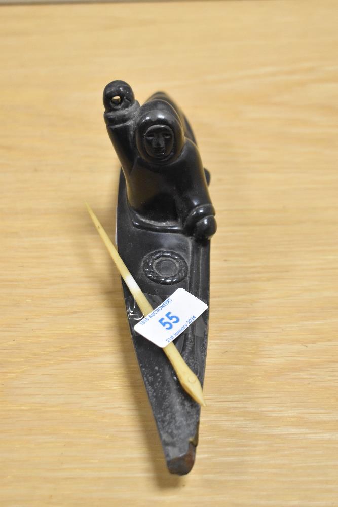 An interesting Canadian Inuit carving of a whale hunter with spear, measuring 25cm long, and - Image 2 of 5