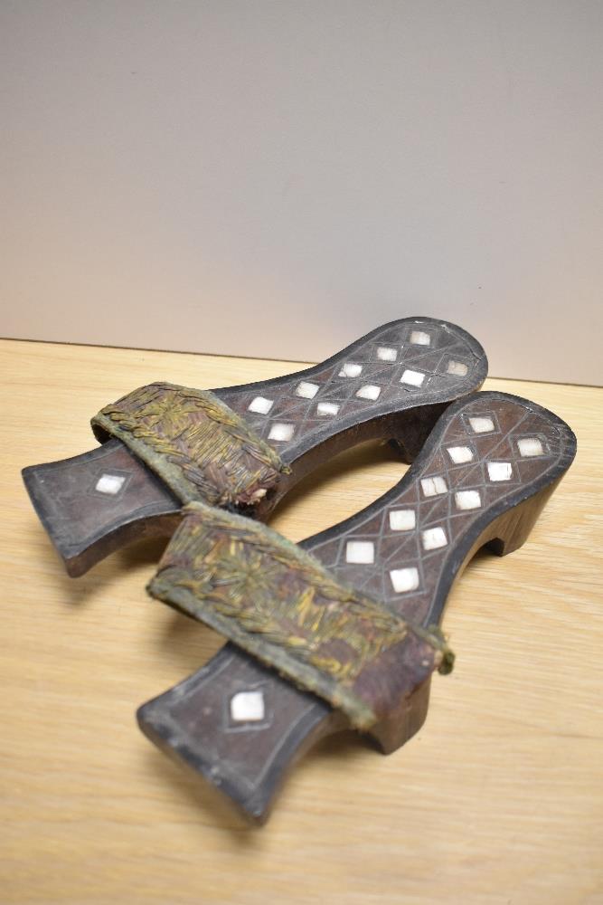 A pair of 19th Century Japanese Mother of Pearl inlaid Geta shoes, 23cm long, an adzed oak - Image 5 of 7