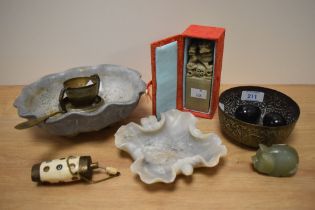 An Eastern bone snuff bottle, a Chinese carved stone seal 'Michael' an alabaster ash tray, a Persian