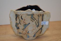 A modern Tenimoku studio pottery vase, having impressed leaf design.
