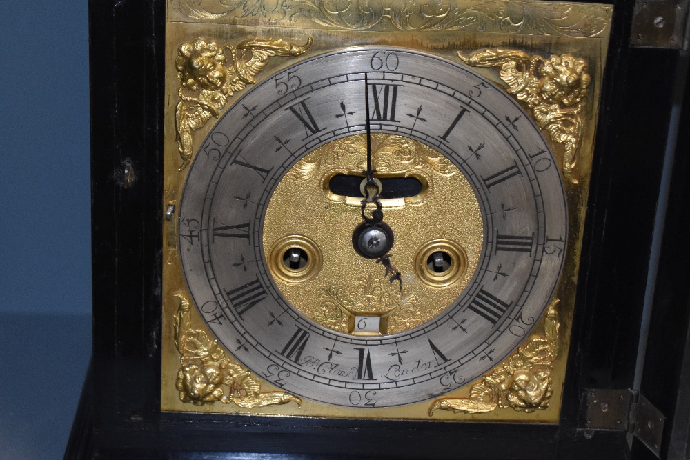 A late 17th Century ebonised bracket clock, John Clowes of London, the case having a caddy top, - Image 20 of 24