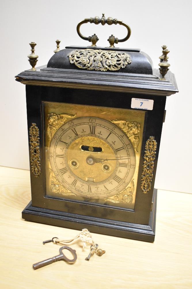 A late 17th Century ebonised bracket clock, John Clowes of London, the case having a caddy top, - Image 2 of 24