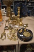 A mixed lot of brass, coins, plated ware etc, including centre piece with inscription and a carved
