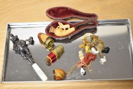 A continental Meerschaum pipe, in case, together with other items, including a Birmingham silver