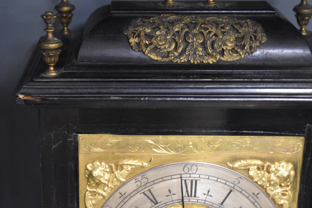 A late 17th Century ebonised bracket clock, John Clowes of London, the case having a caddy top, - Image 22 of 24