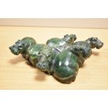 A detailed Chinese green stone hippo group carving, possibly Nephrite, measuring 22cm long