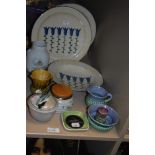 A selection of hand painted Scottish Lunaware plates and a bowl, a condiment jar and a selection