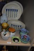 A selection of hand painted Scottish Lunaware plates and a bowl, a condiment jar and a selection