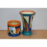 A hand painted Clarice Cliff 'Bizzare' preserve pot, void of lid sold with a similarly styled