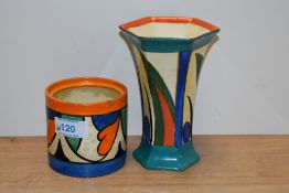 A hand painted Clarice Cliff 'Bizzare' preserve pot, void of lid sold with a similarly styled